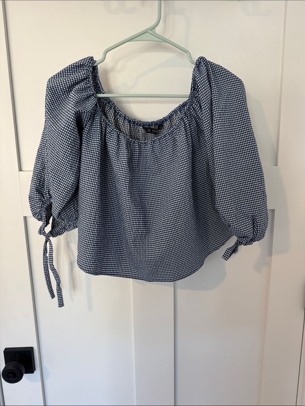 Zara Off-Shoulder Navy Gingham Puff Sleeve Top